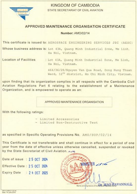 CAMBODIA approval Maintenance Organisation Certificate